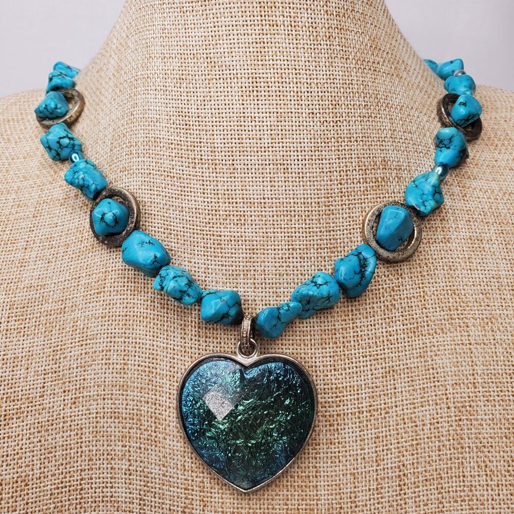 Vintage Necklace Turquoise Nugget Beaded w/ Fused Glass Pendant 18 Inch Long
